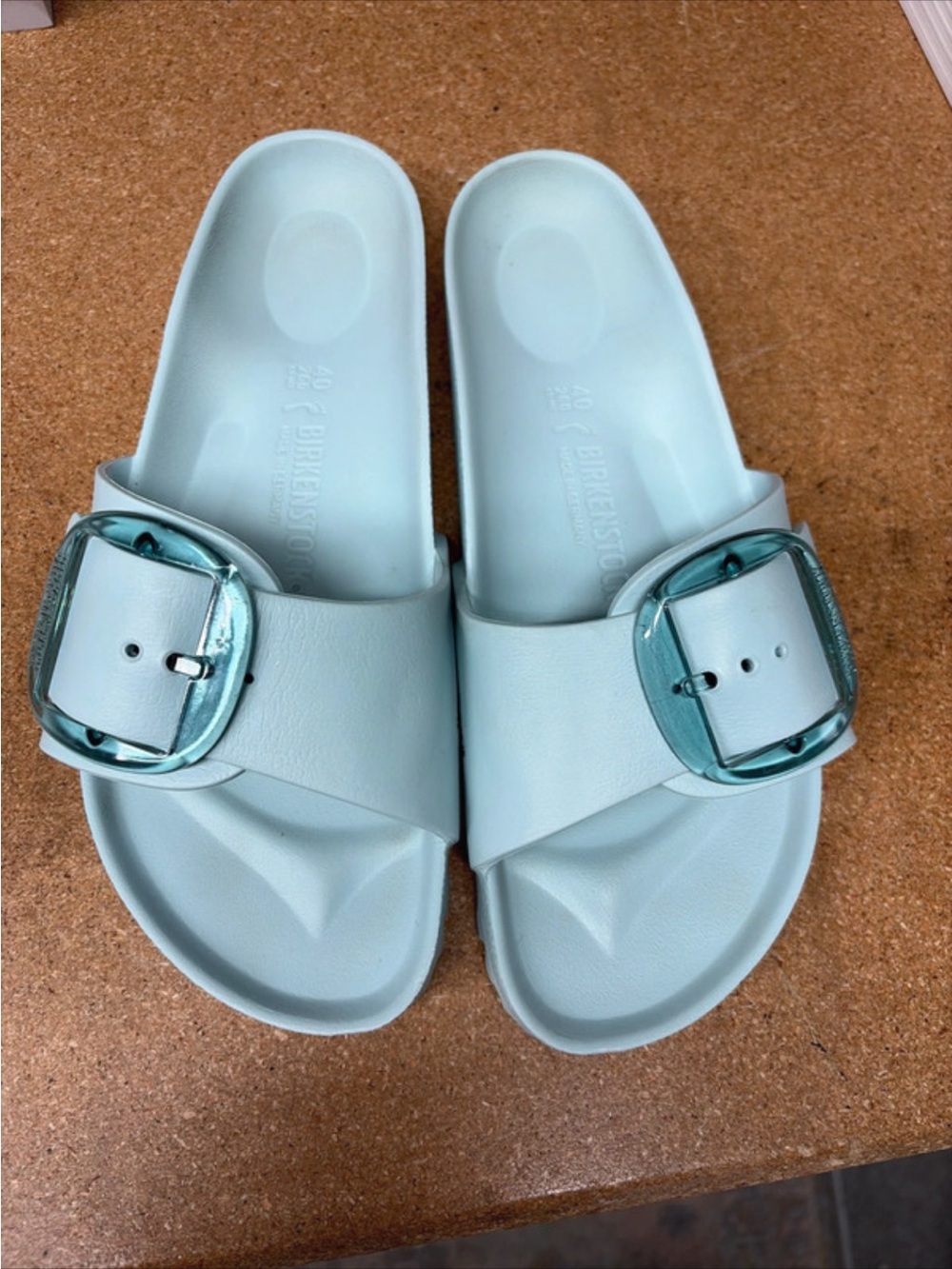 Birkenstock Light Blue womens Slide Sandals with Teal Buckle